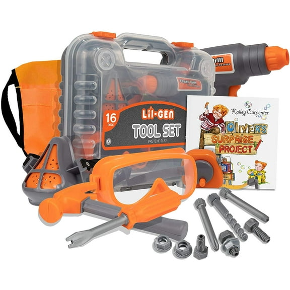 Li'l-Gen Kids Tool Set with Book | 16 Pieces Pretend Tools Plus Case - Includes Oliver's Surprise Project! Book Pretend Play Toys for Boys and Girls Age 3 