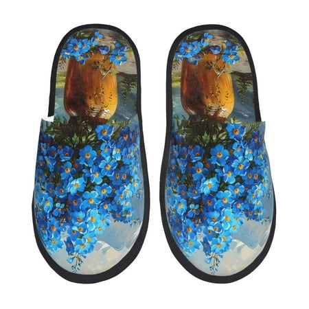 Balery Mountain Blue Flowers Vase Slient Indoor Furry Fleece Comfort House Shoes Soft Non-Slip Home Shoes Cotton slippers House Slippers-- Medium
