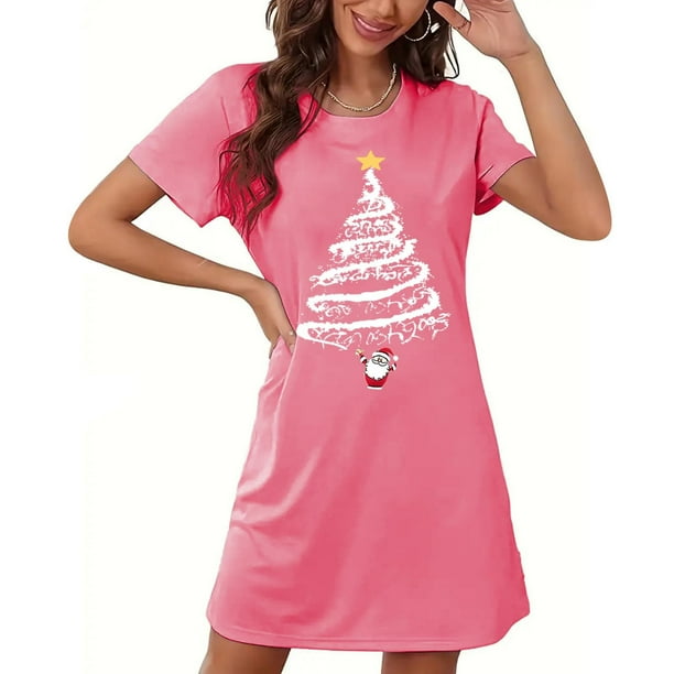 Camisón corto navideño para mujer, talla grande, con cuello redondo estampado y mangas cortas en el pecho.