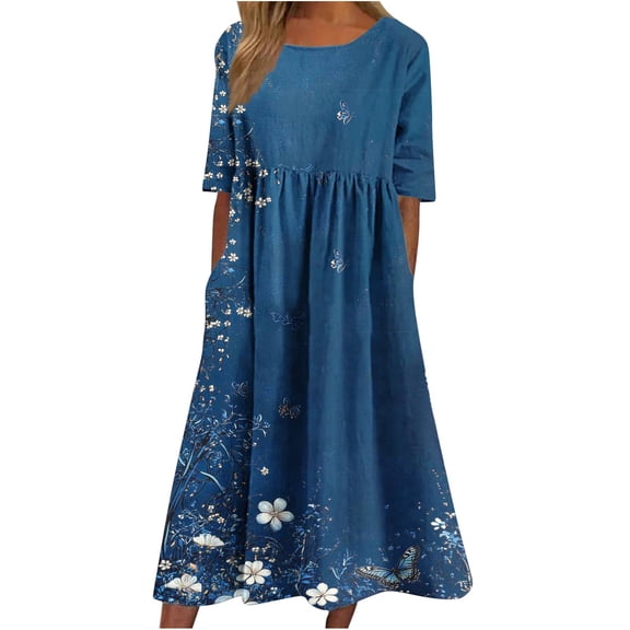 QQAMB Women's Boho Floral Maxi Dress Summer Casual Crewneck Short Sleeve Dresses Flowy Tshirt Sundresses with Pockets Navy S