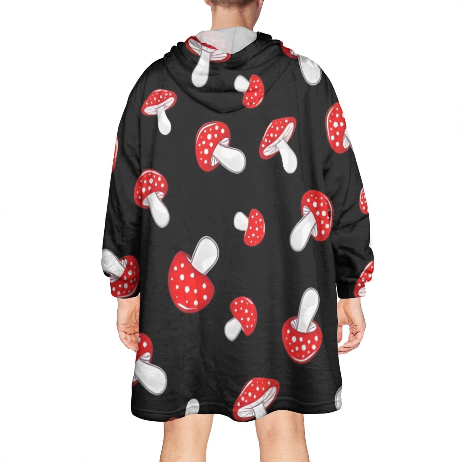 Red Mushroom Polka Dot Black Pattern Wearable Oversized Blanket,Wearable Blanket Hoodie for Adults,Cozy Hooded Blankets with Super Pockets,Super Warm Fuzzy Pullover for Women & Men