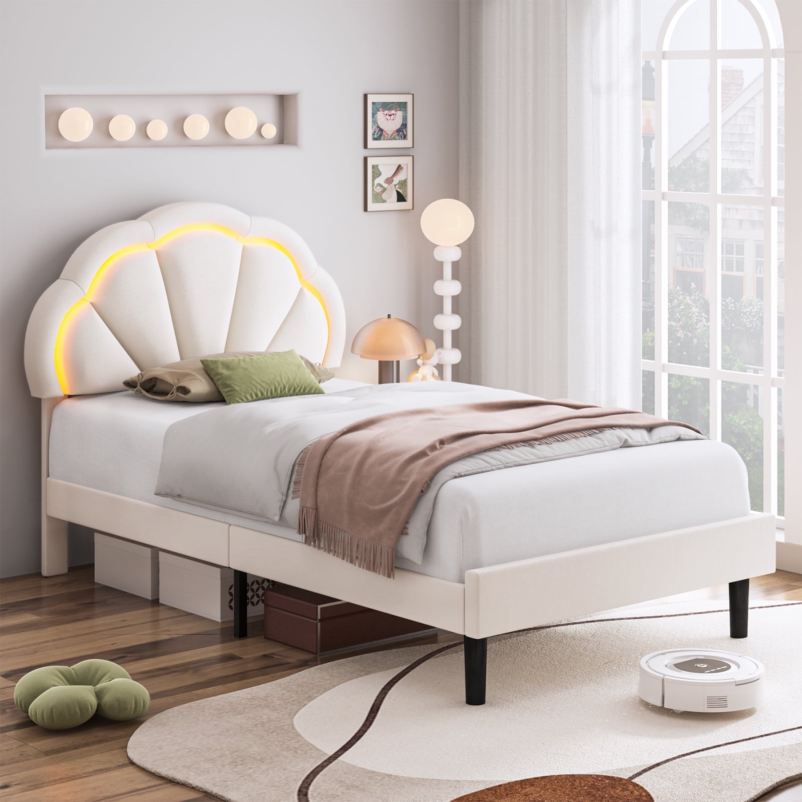 Homfa LED Bed Frame, Twin Size Velvet Upholstered Platform Bed with Adjustable Headboard, Lights Seashell Bed, Off-White
