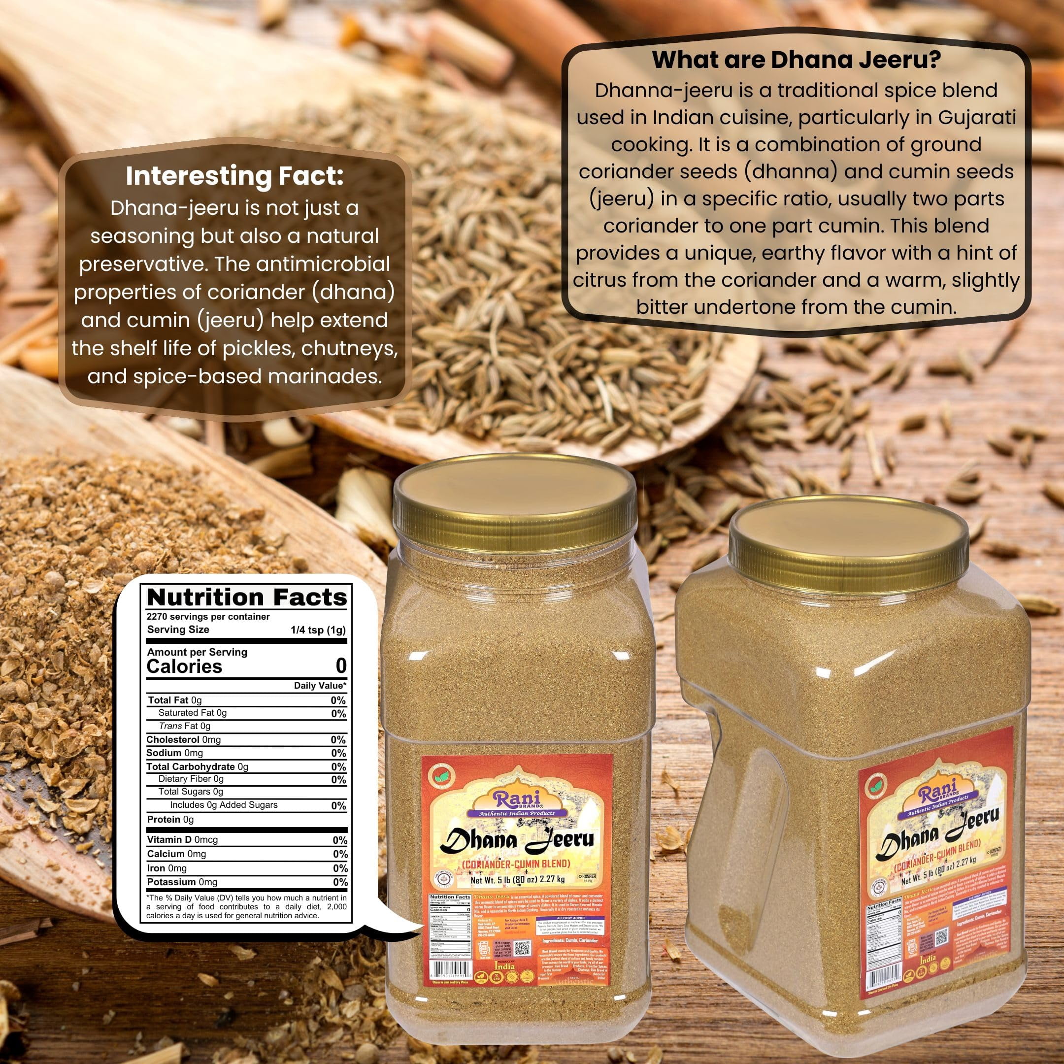 Rani Dhana-Jeeru (Coriander-Cumin Blend 50-50) Powder 80oz (5lbs) 2.27kg PET Jar ~ All Natural | Vegan | Gluten Friendly | Non-GMO | Kosher | Indian Origin