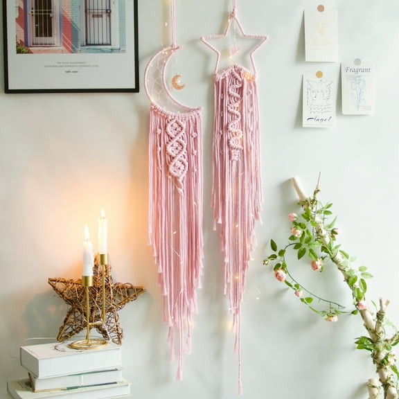 Star Moon Dreamcatcher, Teen Girl Room Decor,Macrame Wall Hanging for Baby Gifts,Pink