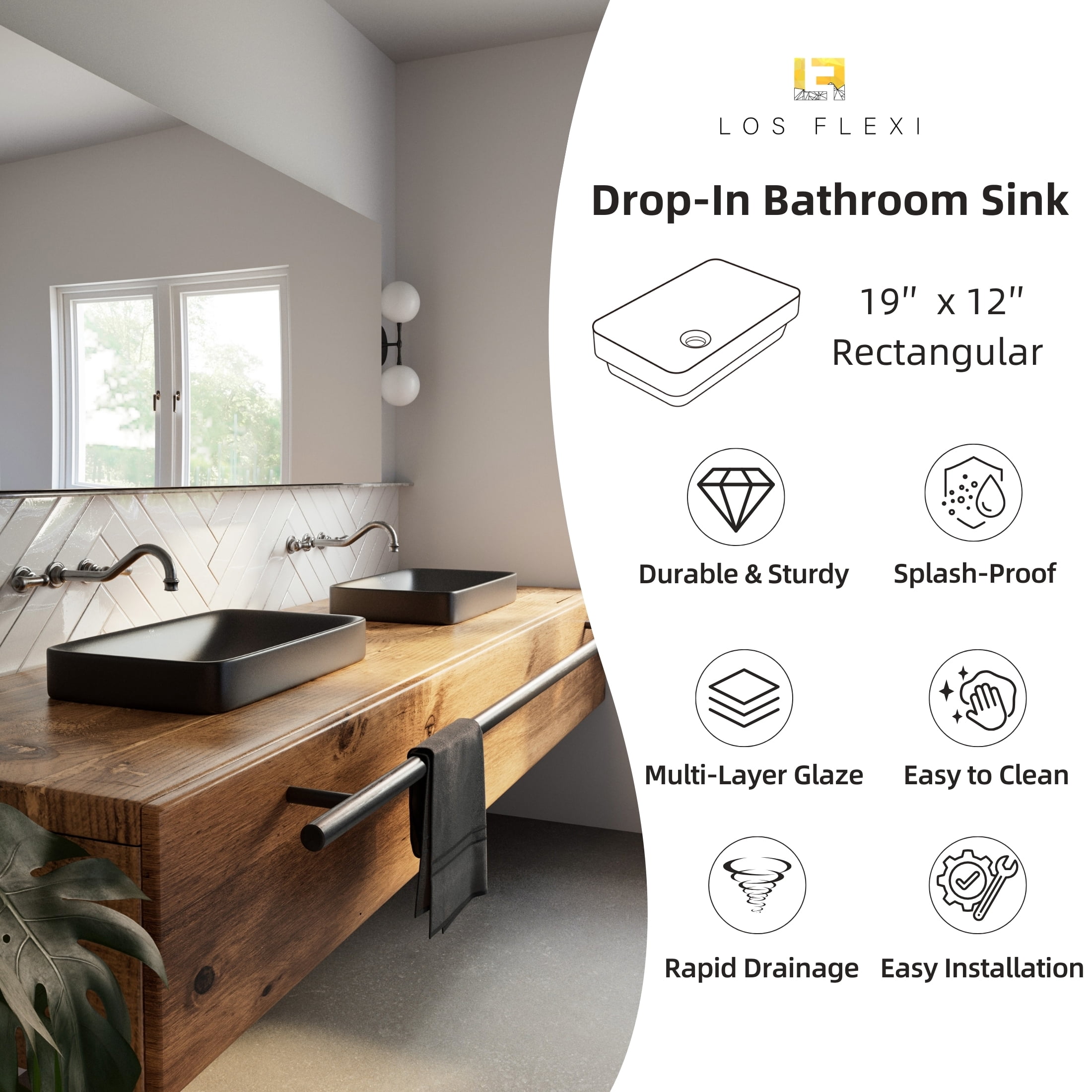 Los Flexi 19 Inch Matte Black Rectangular Drop In Bathroom Sink, Semi-Recessed Ceramic Vessel, Includes Non-Overflow Drain Kit