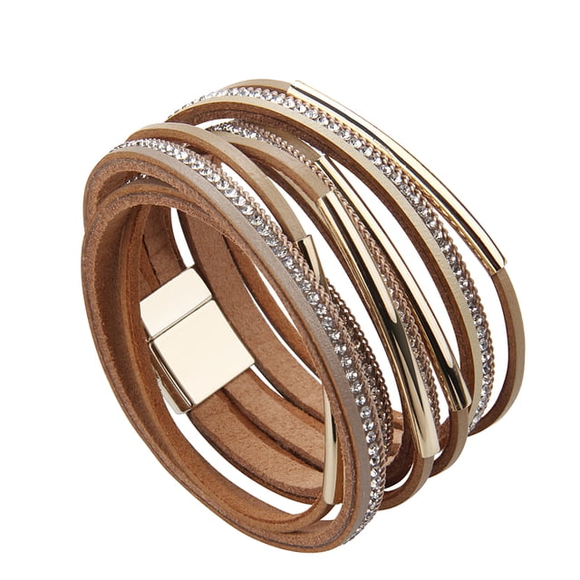 1 Uds pulsera de cuero trenzado PU pulsera de cuero con diamantes de imitación para mujer Oro jinwen Pulsera multicapa para mujer