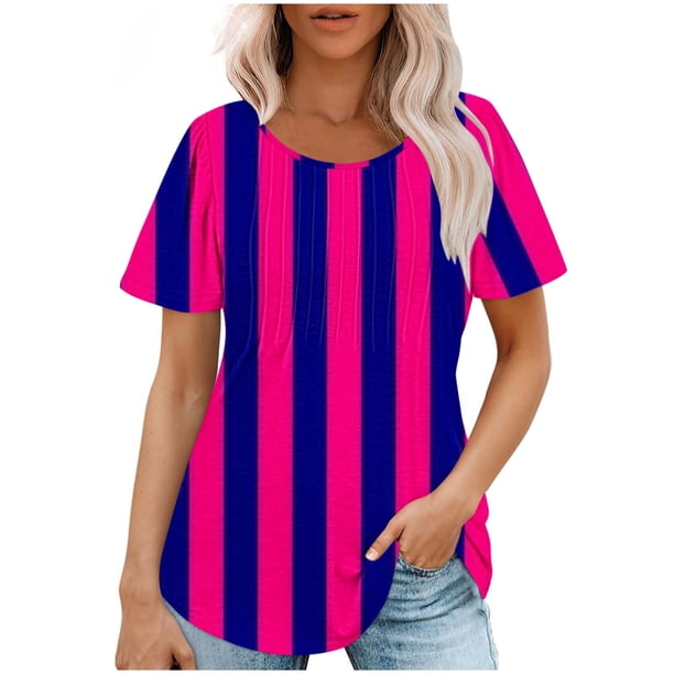 Tops Cortos para las Mujeres Cuello Redondo Suelto Impreso de Manga Corta, Tops Sueltos para las Mujeres
