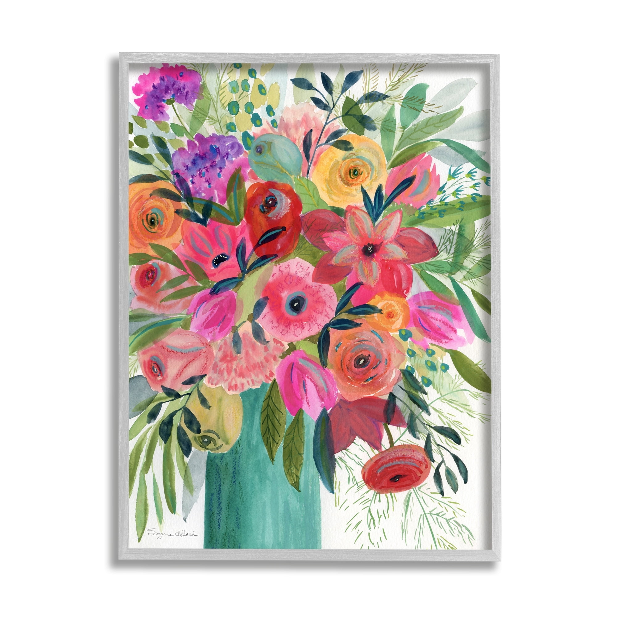 Stupell Industries Bold Red & Pink Mixed Bouquet Botanical & Floral Painting Gray Framed Art Print Wall Art