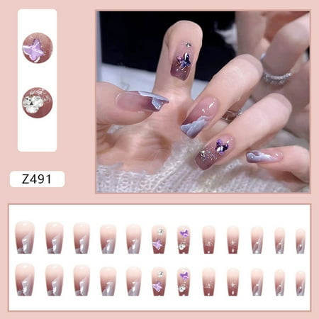 

Purple Glittering Butterfly Fake Nails Gentle to Natural Nails for Women Wedding Dating Hand Decoration