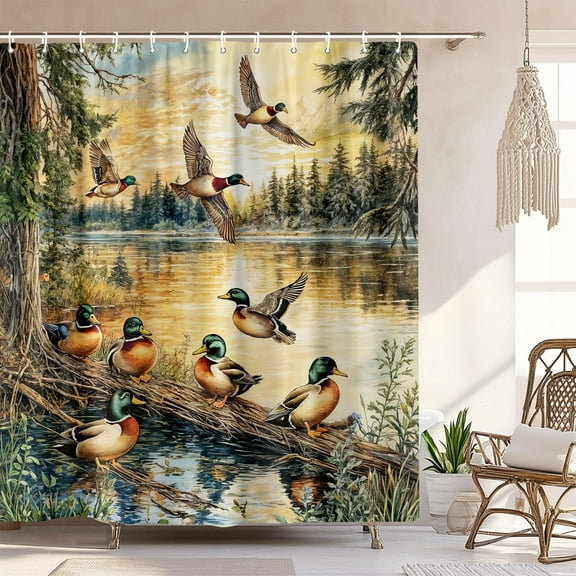 Rustic Duck Shower Curtain,Country Outdoor Cabin Lodge Wildlife Hunting Shower Curtains Set for Bathroom Farmhouse Decorative with Hooks,Natural Lake Scenery Camper Curtain-72"W x 84"L (Pack of 1)