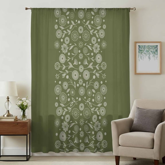 Japanese Sheer Curtains 108" Extra Long for Living Room, Green Rustic Retro Pastoral Floral Leaves Light Filtering Privacy Drapes, Breathable Semi Sheer Window Treatment for Floor to Ceiling Window