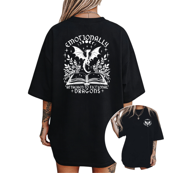 Women's Ink Dragon Book Floral Moon Phase Graphic T Shirt "Emotionally Attached to Fictional Dragons" Short Sleeve Round Neck Top Black S-5XL