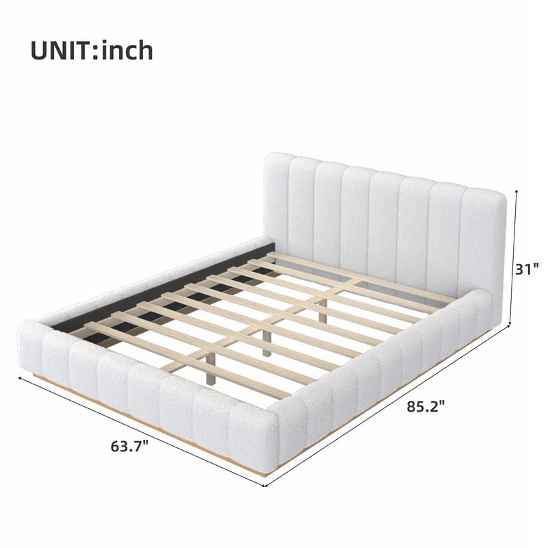 Queen Size Boucle Upholstered Bed Frame, Low Profile Wooden Platform Bed, No Box Spring Needed Floor Bed with Padded Headboard
