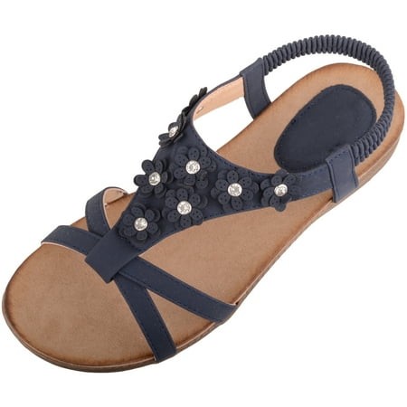 

ABSOLUTE FOOTWEAR Womens Slip On Summer Holiday Floral Diamante Elasticated Sandals Shoes - Navy - US 7