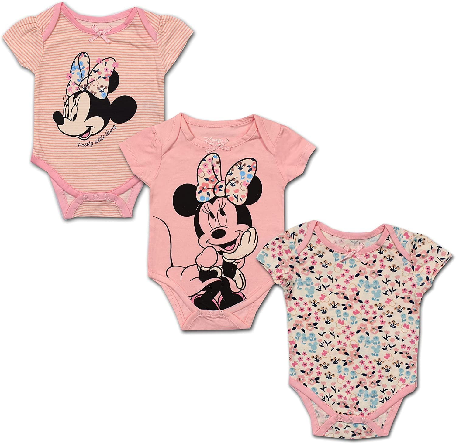 Pink Disney Girl's 4-Pack Minnie Mouse Bodysuit Creeper with 12 Milestone Stickers 0-12 Months