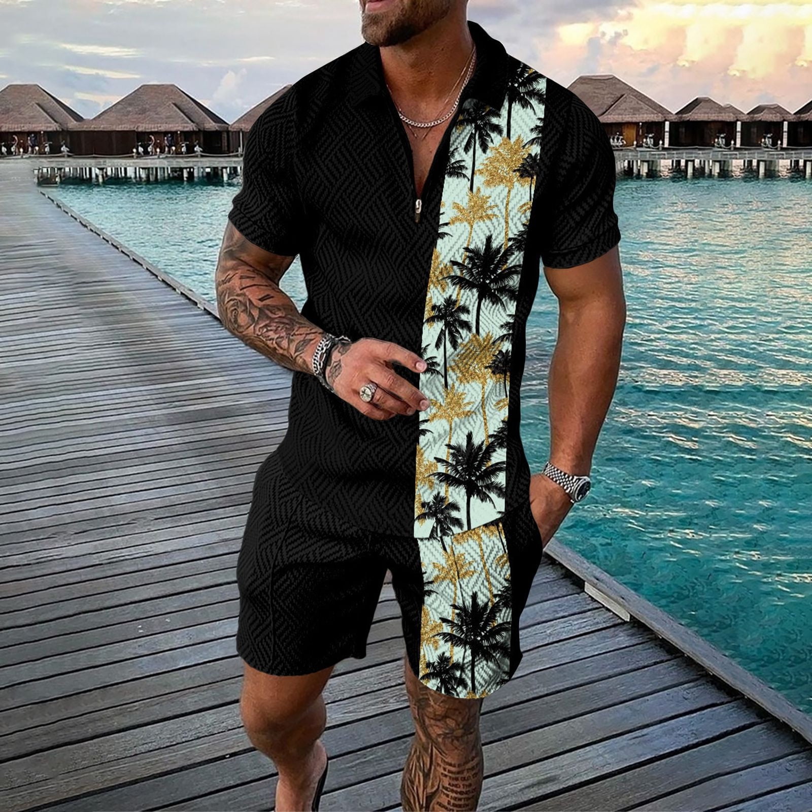 ZZXXB Yellow and Black Striped Pajama Bottom Shorts for Men