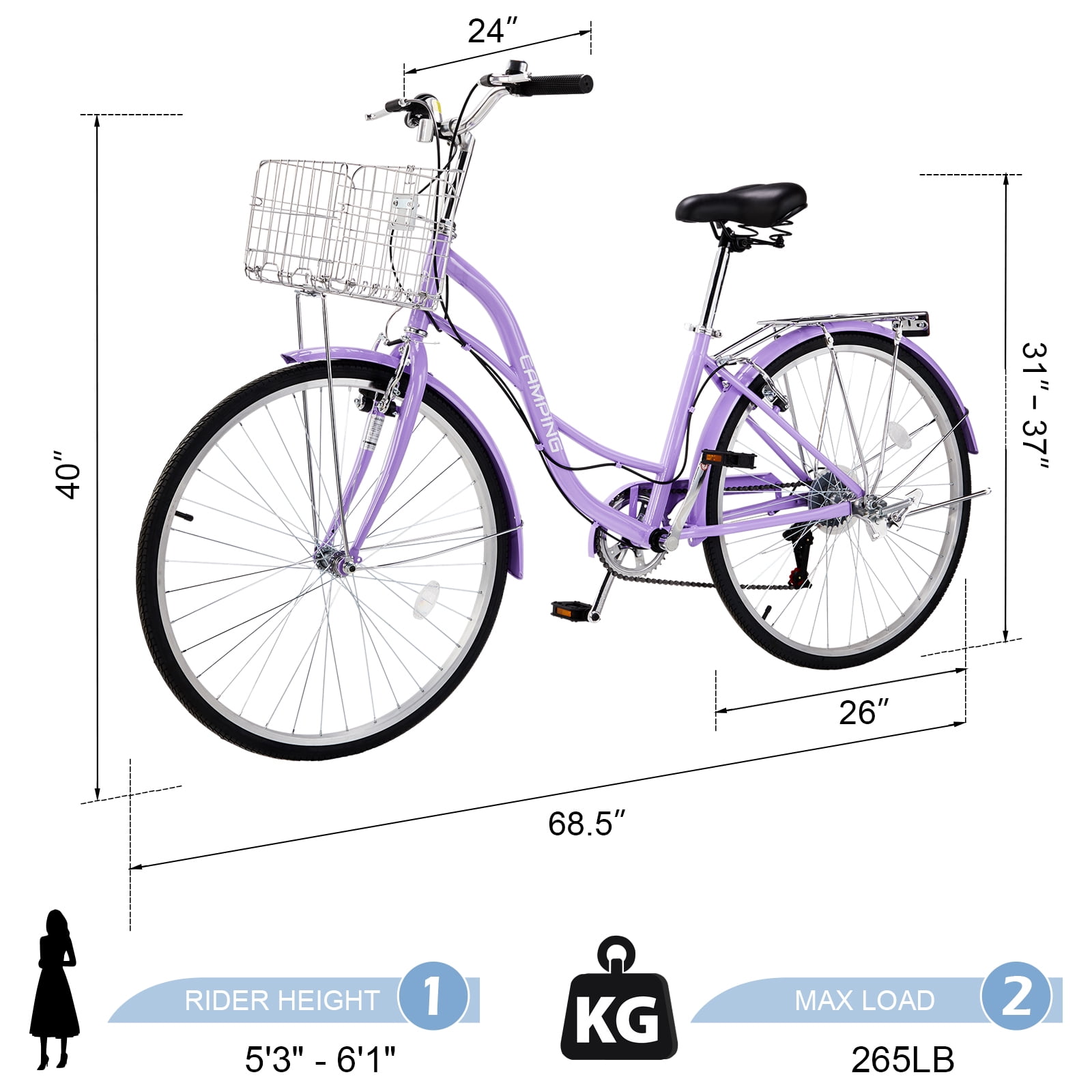 Ktaxon 26" Womens Bike, 7 Speed Beach Cruiser Bike for Adults Women with Basket & Rack, Step Through City Bikes, Purple