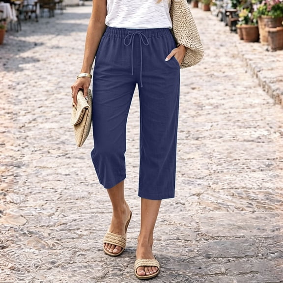 Petite Capris Pants for Women Cotton Linen Casual Summer Straight Wide Leg Loose Drawstring Elastic Waist Cropped Trouser Navy S