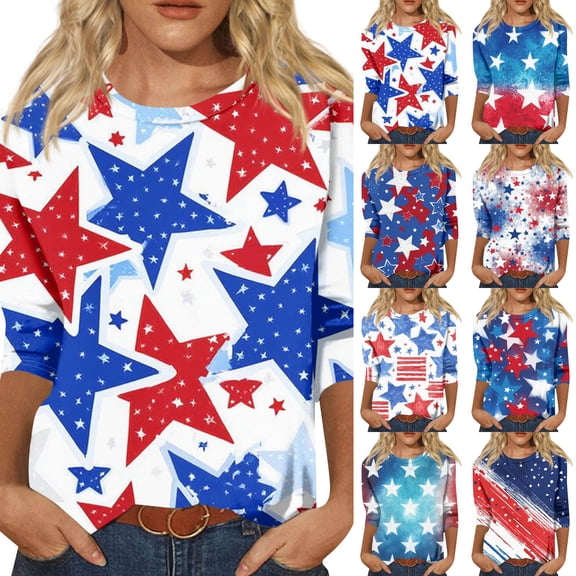 KDDYLITQ Womens 250th Anniversary Independence Day Shirts Liberty Printed 3/4 Sleeve Tees Vintage Usa Flag Causal T-Shirts Red White and Blue Fashion Crew Neck Tops Blue L