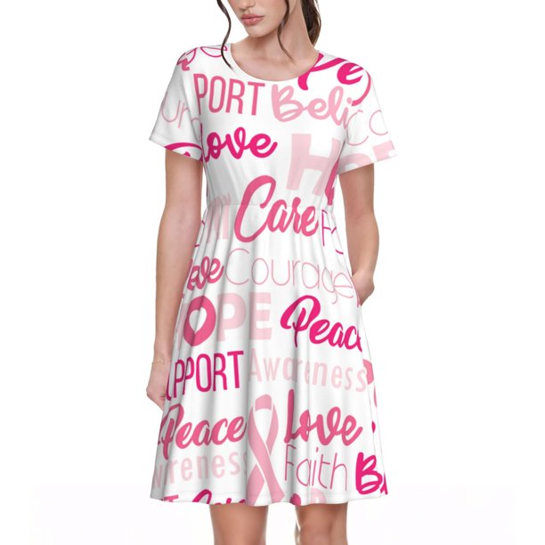 Disketp Breast Cancer Ribbons Awareness para Vestido de Manga Corta para Mujeres, Vestidos de Verano para Mujeres, Casual y Holgado para la Playa