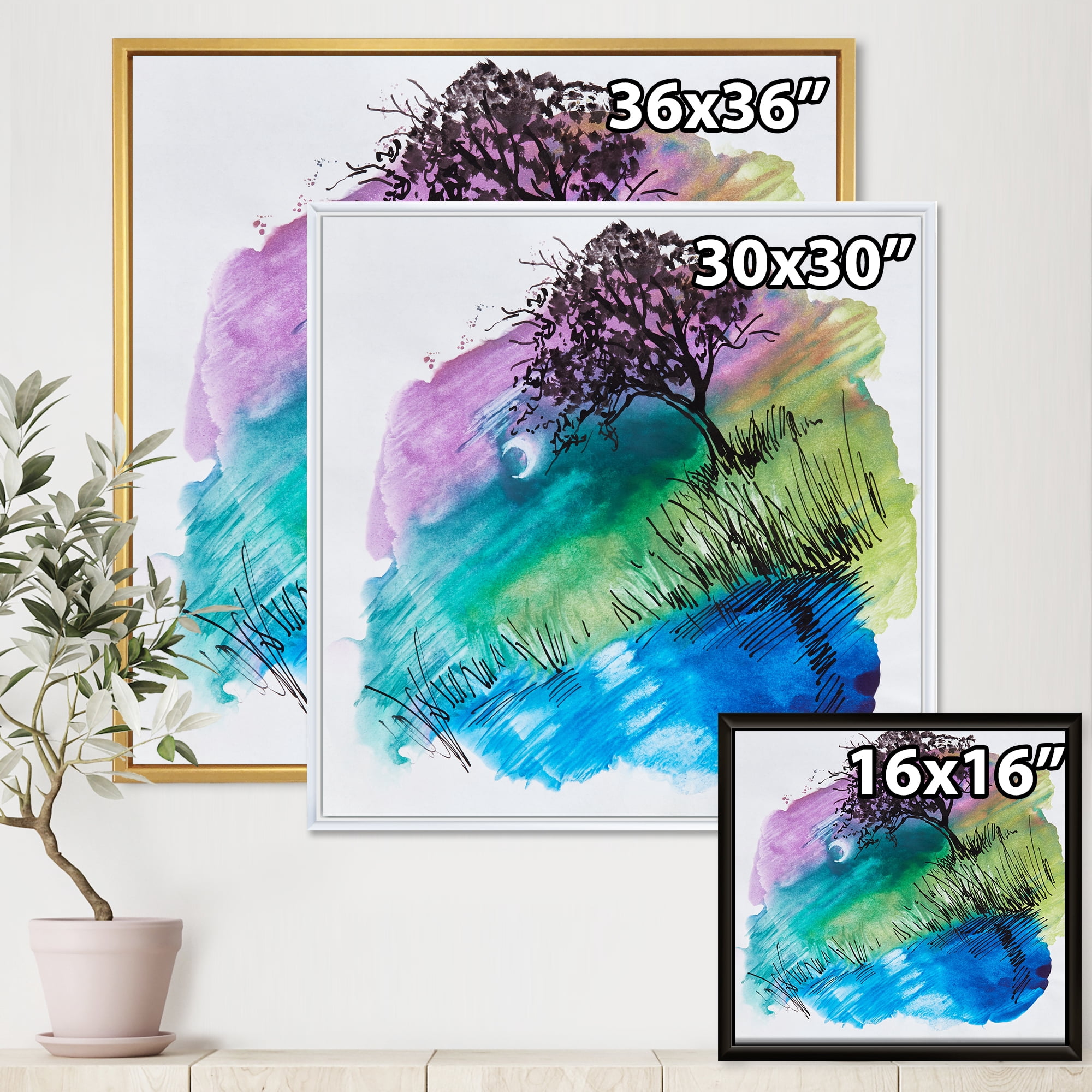 Designart 'Rainbow Silhouette Of Tree On The Riverbank At Night' Modern Framed Canvas Wall Art Print