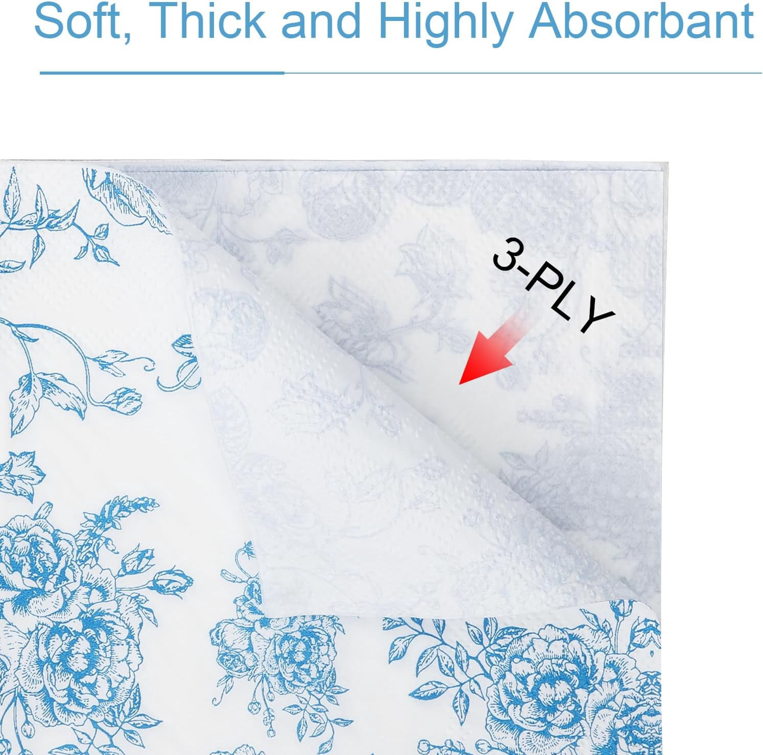 100 Pack Blue Floral Cocktail Napkins, Guest Hand Towels Disposable for Bathroom, Blue Floral Paper Napkins for Bridal and Baby Shower, Tea Party, Garden Party, Birthday Party