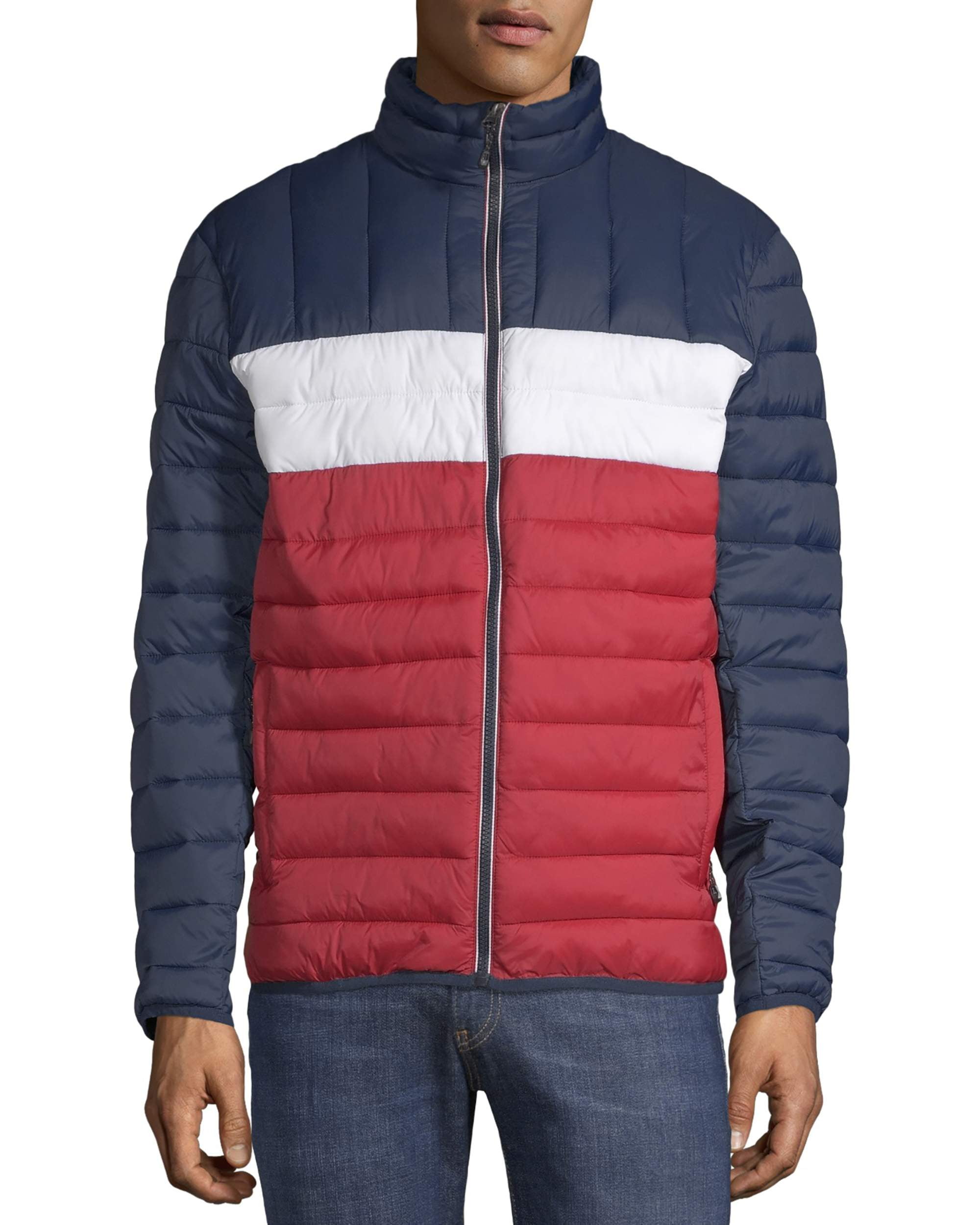 red and blue puffer jacket