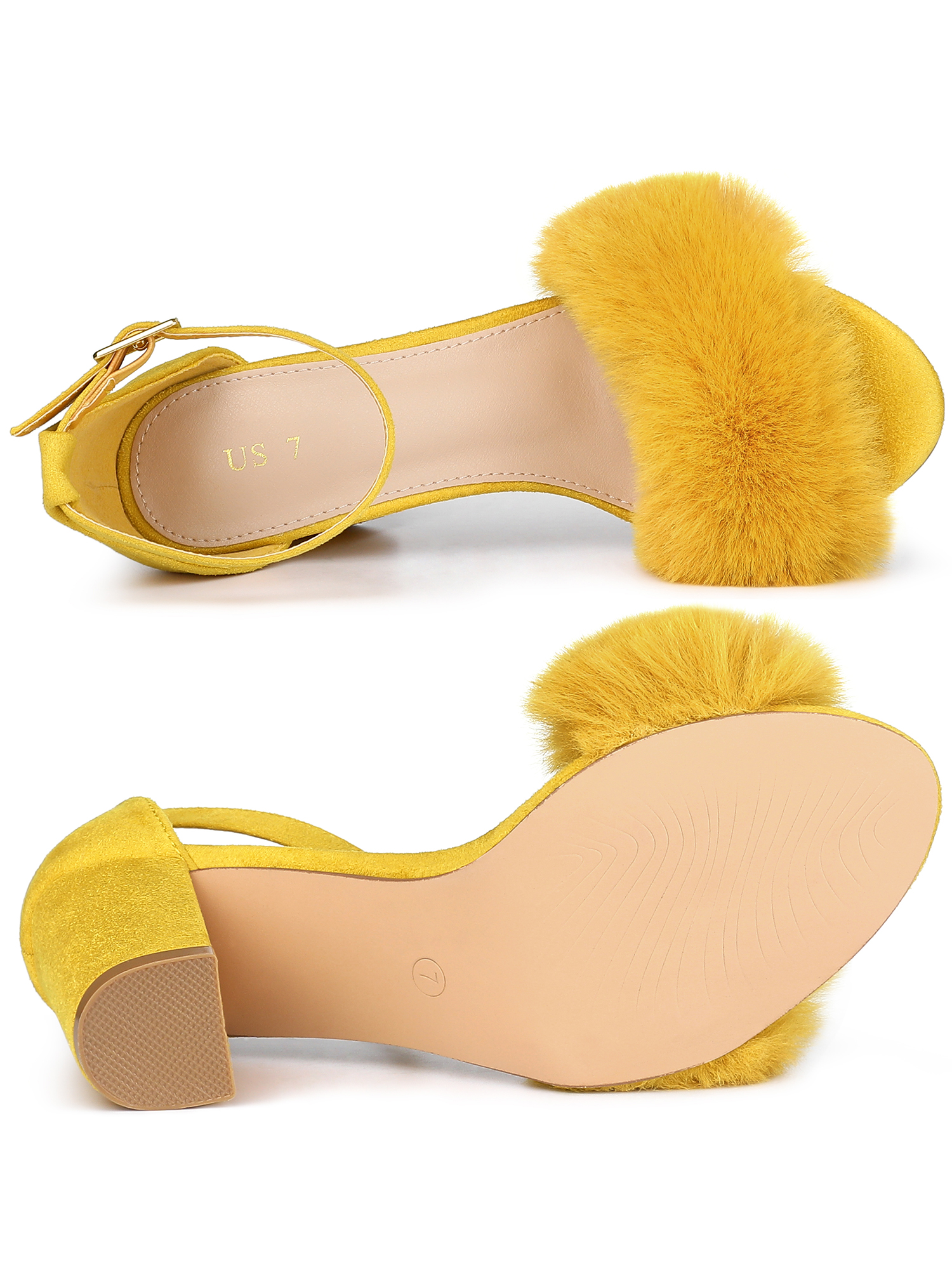 DARING DIVA Women's Ankle Strap Faux Fur Block Heels Beige Sandals for Wear Yellow 9