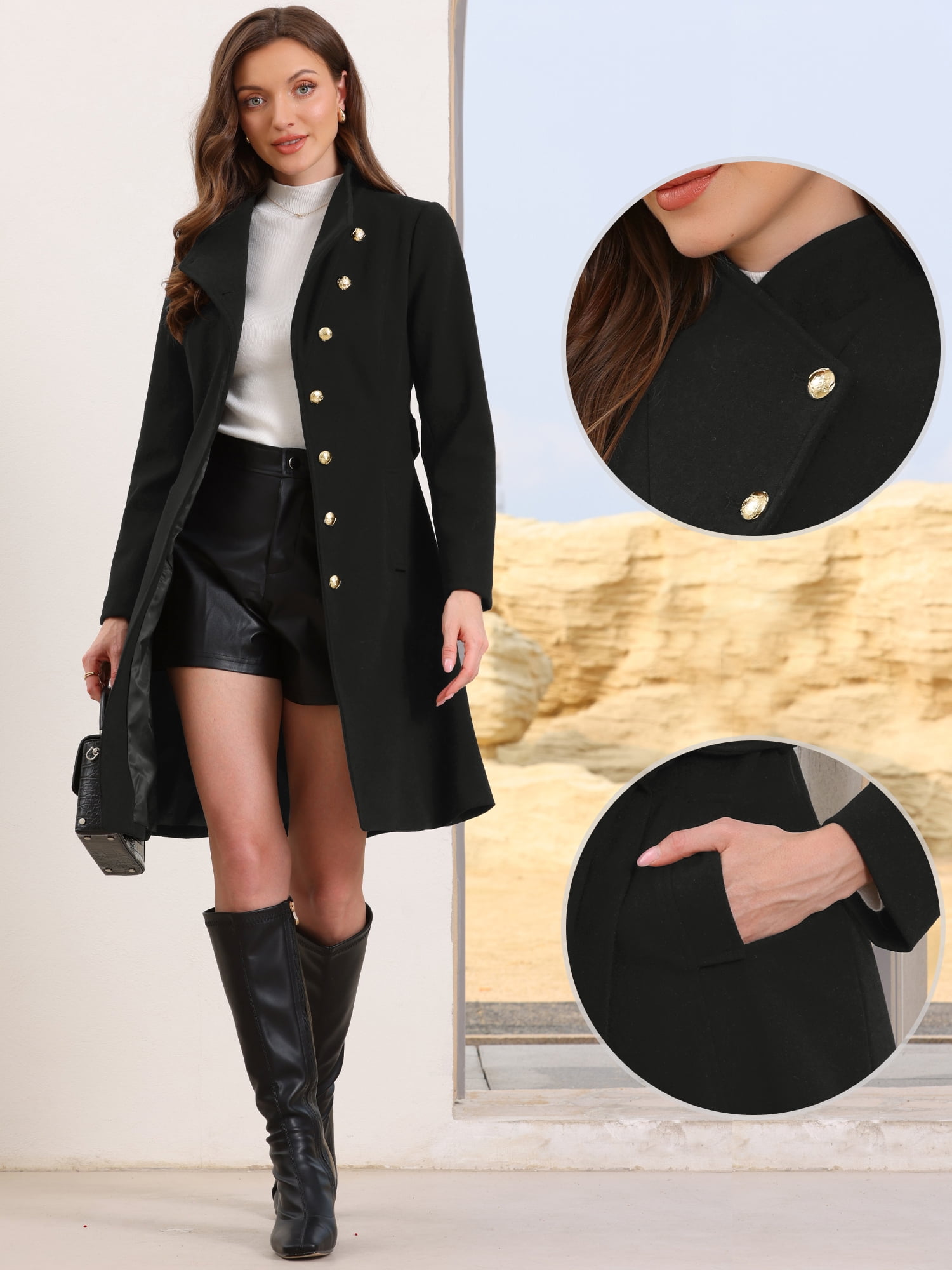 DARING DIVA Women's Stand Collar Belted Single Breasted Trench Pea Coat S Black