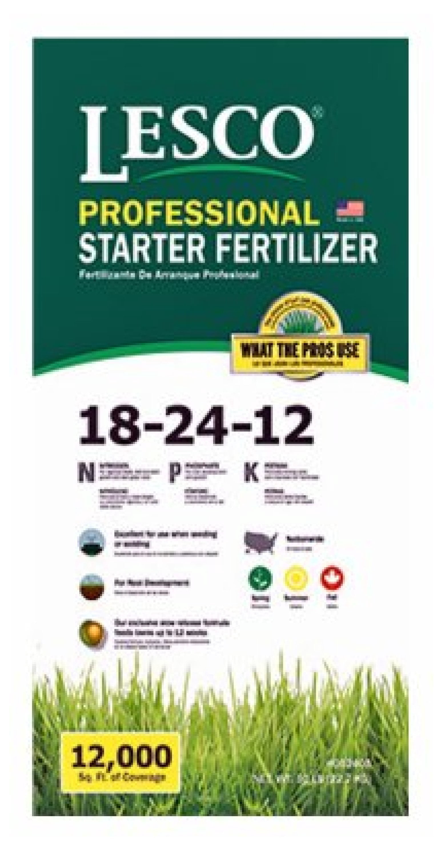 Starter Fertilizer 50LB - Lesco Professional 18-24-12 Turf Food - 12,000 sq ft Coverage - Slow Release Nitrogen - Promotes Root Growth & Hardiness