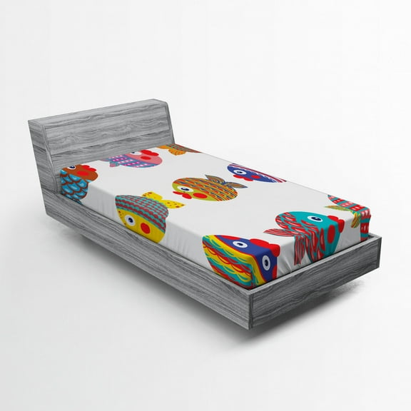 Ambesonne Funny Fitted Sheet, Folkloric Fish Family, Twin XL Size, Multicolor