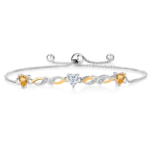 Gem Stone King 925 Silver and 10K Yellow Gold Lab Grown Diamond Bracelet for Women Heart Shape Citrine Moissanite (1.37 Cttw)