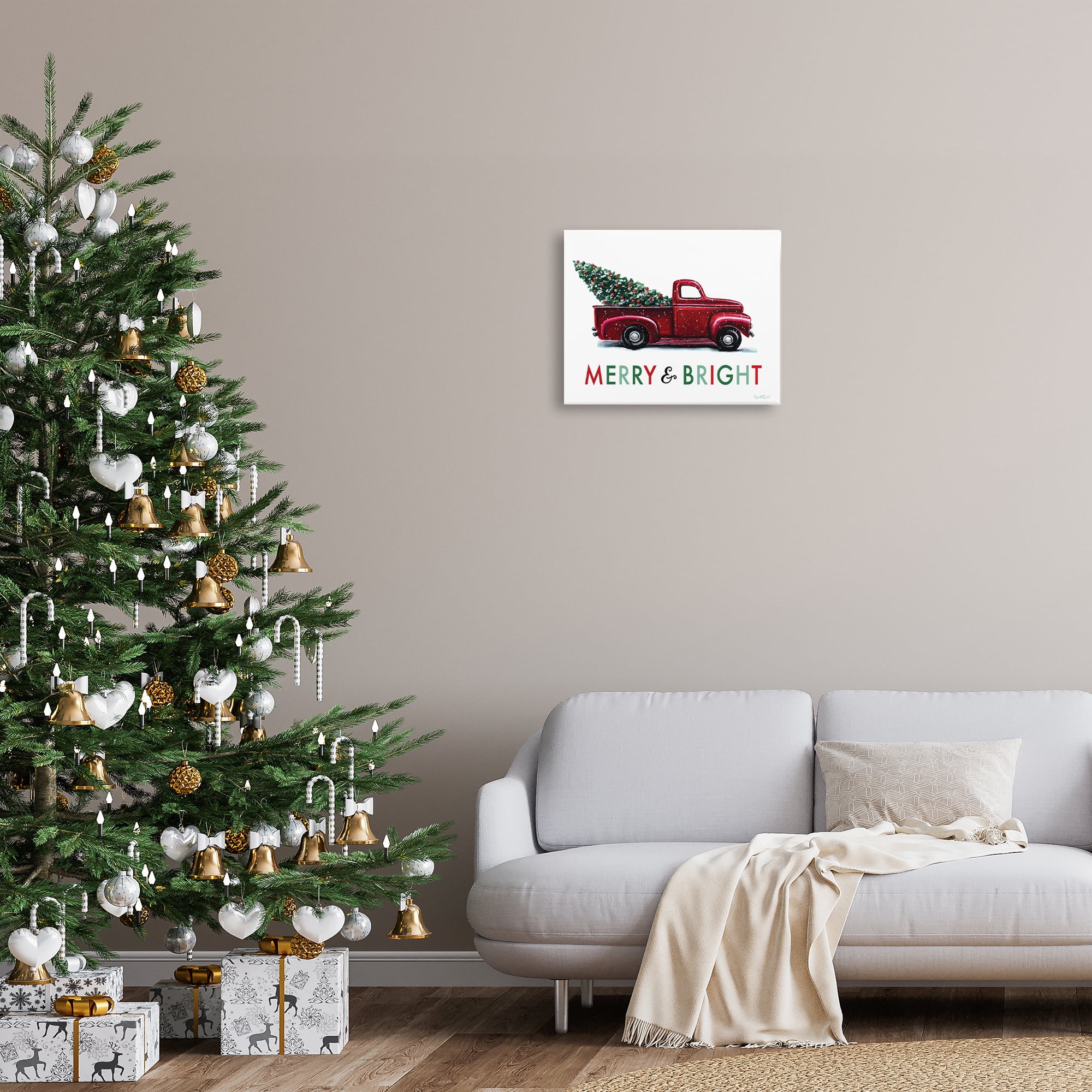 Stupell Industries Merry Bright Christmas Truck Holiday Painting Gallery Wrapped Canvas Art Prints Wall Art, 20 x 16