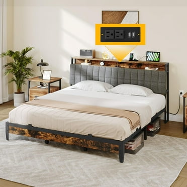 DWVO King Bed Frame, Platform Bed Frame with Charging Station, Upholstered Storage Headboard Metal King Size Bed Frame, No Box Spring Needed, Under Bed Storage, Easy Assembly, Rustic Brown