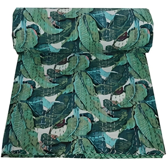 Yuvancrafts Green Floral Print Kantha Bedspread & Coverlet, Twin/Queen Size - Cotton, Handmade