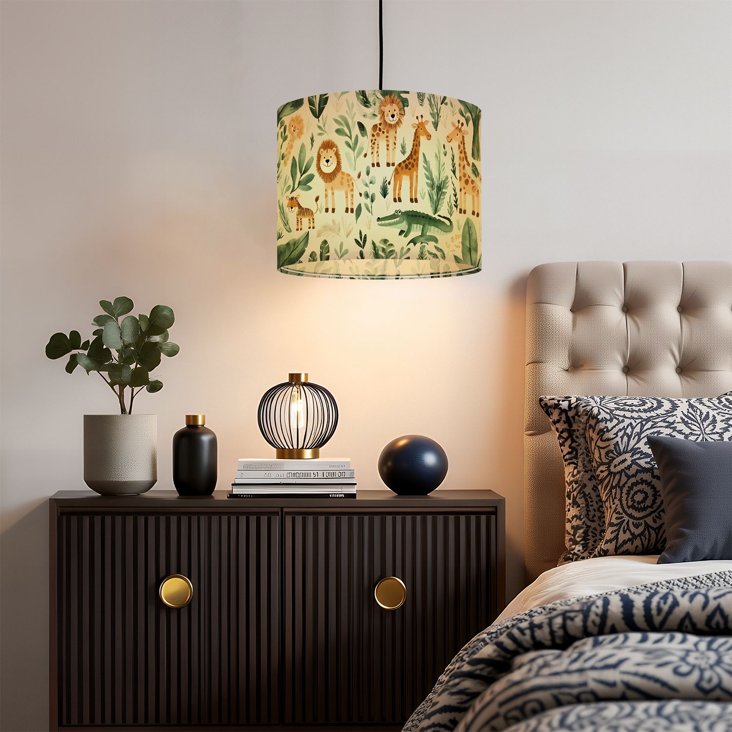 Linen Drum Lampshades Jungle Safari Animals Circular Motif Symmetrical Layout Mandala like 13"x13"x10" Light Shade for Table Lamps Drum Lamp Shades Lampshade Replacement Assembly Required