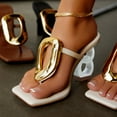 thumbnail image 3 of FSJ Women Square Open Toe Thong High Heel Sandals Gold Detail Chain Heel Flip Flops Slip-On Summer Mules Comfortable Sexy Slippers Size 4 White, 3 of 4