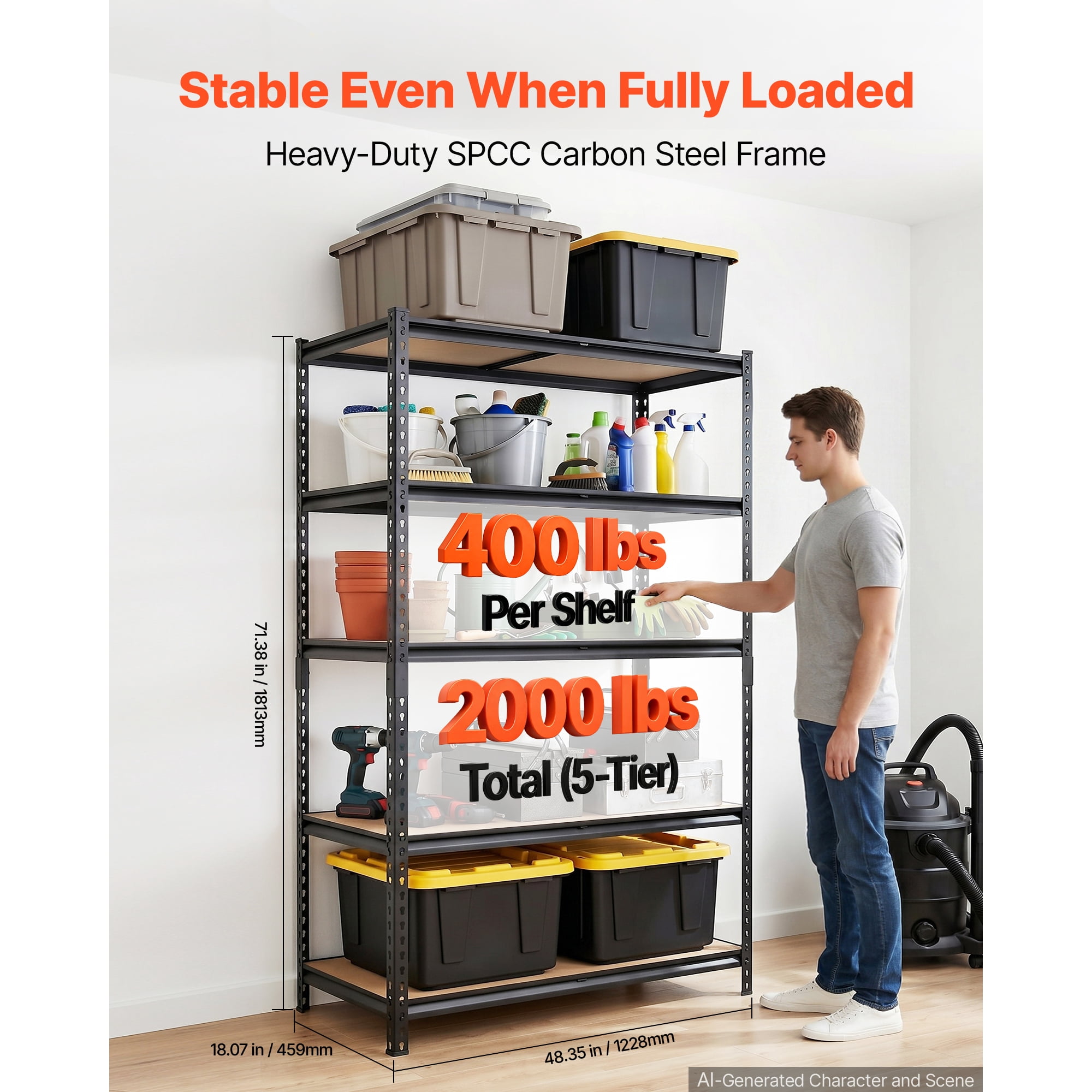 KFFKFF 5-Tier Adjustable Storage Shelves, 2000 lbs Capacity, Durable Metal Utility Rack for Garage, Warehouse, Basement, or Kitchen, Dimensions: 48.35" W x 18.07" D x 71.38" H