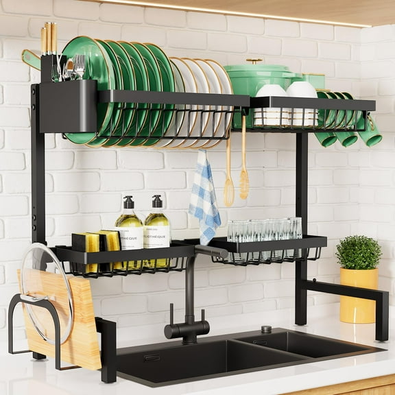 Kitchen Sink Dish Drying Rack, Adjustable Over Sink Organizer 30-33.9 Inches, 2-Tier Storage for Dishes Bowls Knives, Rustproof and Easy to Clean, Black