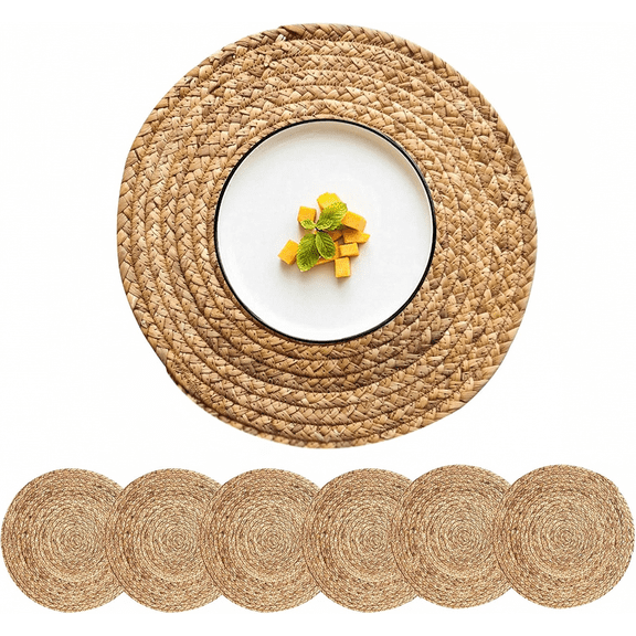 Woven Placemats Round Placemats Set of 6, 12 Inch Wicker Placemat Circle Rattan Placemats Farmhouse Boho Braided Natural Water Hyacinth Place Mats for Indoor & Outdoor Table Decor