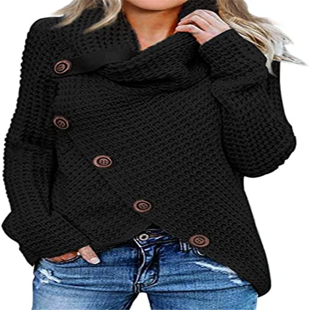 Fall Winter Clothes for Womens Button Long Sleeve Turtle Cowl Neck Asymmetric Hem Wrap Pullover Sweater Tops Loose Comfy