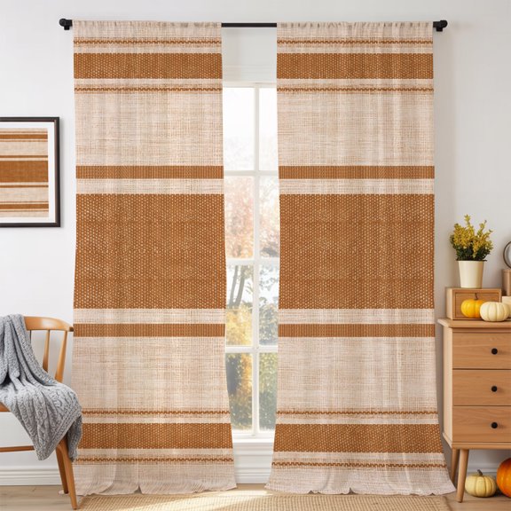 Minimalist Orange Striped Chiffon Sheer Curtains 84 Inches Long Vintage Linen Texture Rod Pocket Window Curtains Voile Drapes Curtains for Living Room Bedroom,2 Panels