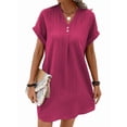 thumbnail image 2 of Summer Dresses for Women 2025 Casual Button V Neck Short Sleeve Tunics A Line Ribbed Mini T Shirt Dress Rose Red L, 2 of 7