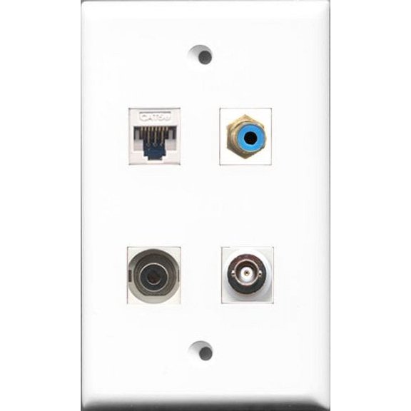RiteAV 1 Port RCA Blue and 1 Port 3.5mm and 1 Port BNC and 1 Port Cat5e Ethernet White Wall Plate