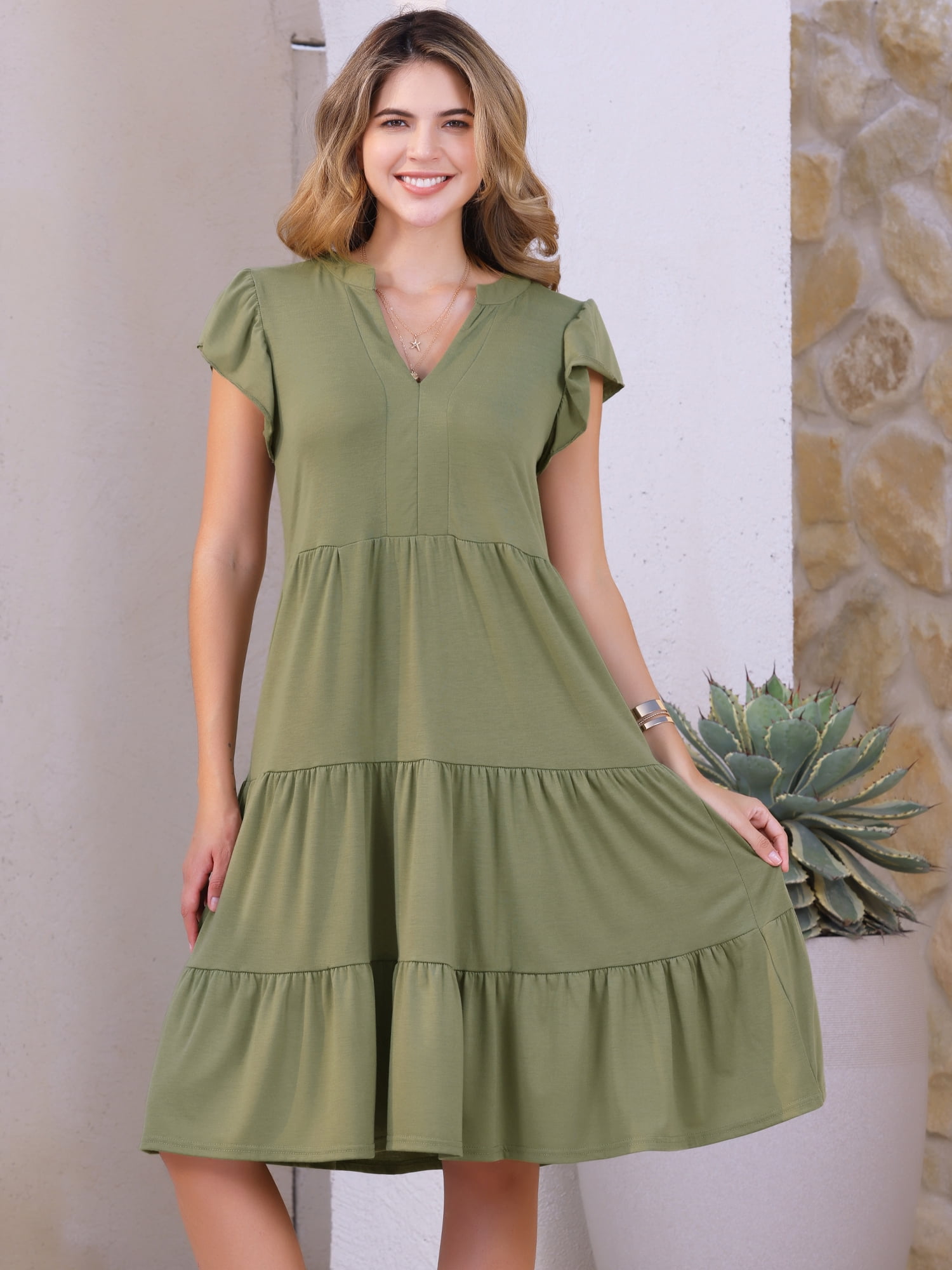 DARING DIVA V Neck Midi Sundress Flowy Tiered Beach Dress S Army Green