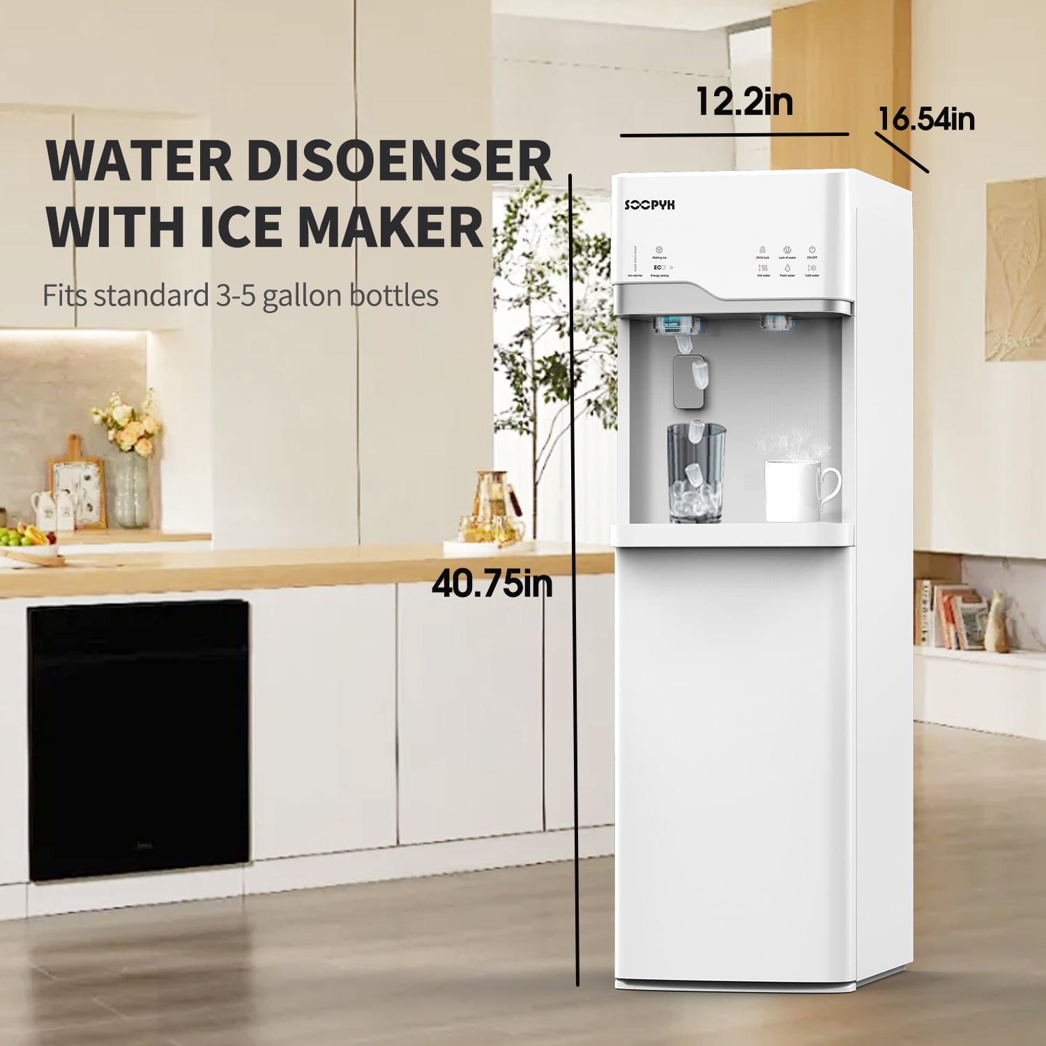 SOOPYK Self Cleaning 4 in 1 Water Cooler Dispenser with Ice Maker Bottom Load for 5 Gallon 3 Temperature Settings 22lbs Daily Capacity White