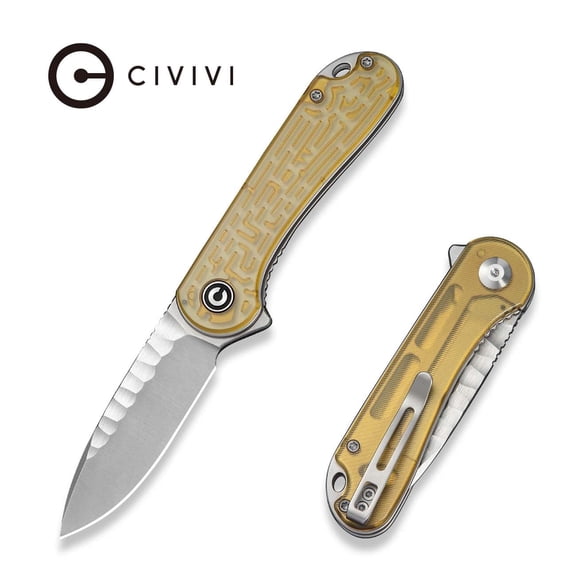 CIVIVI Elementum Pocket Knife Folding Knife with 2.96" Satin Finished Nitro-V Blade With Rock-Grind Pattern Polished Yellow Ultem Handle C18062AM-2