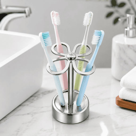 4-Slot Metal Toothbrush Holder Silver with Stainless Steel Base, Rustproof Bathroom Vanity Organizer for Family Hotel