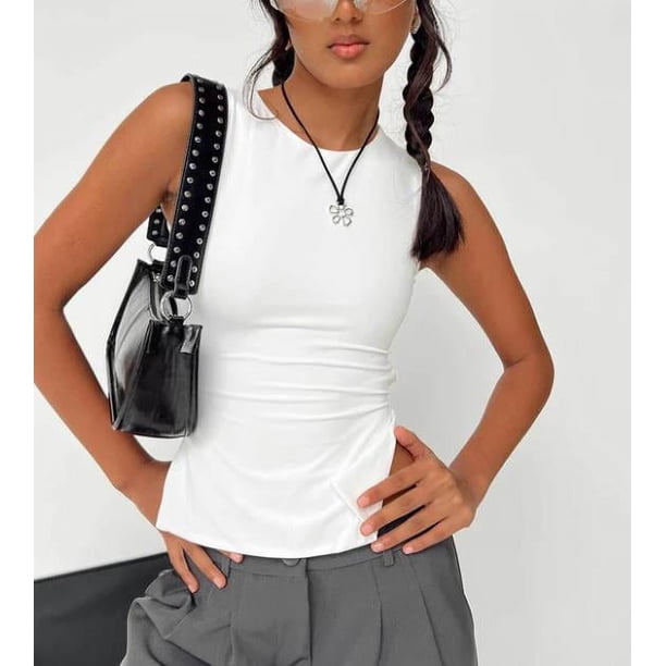Lucakuins Camiseta sin mangas para mujer, cuello redondo, sin espalda, con cordones, chaleco de verano para fiesta en el club Lucakuins moda