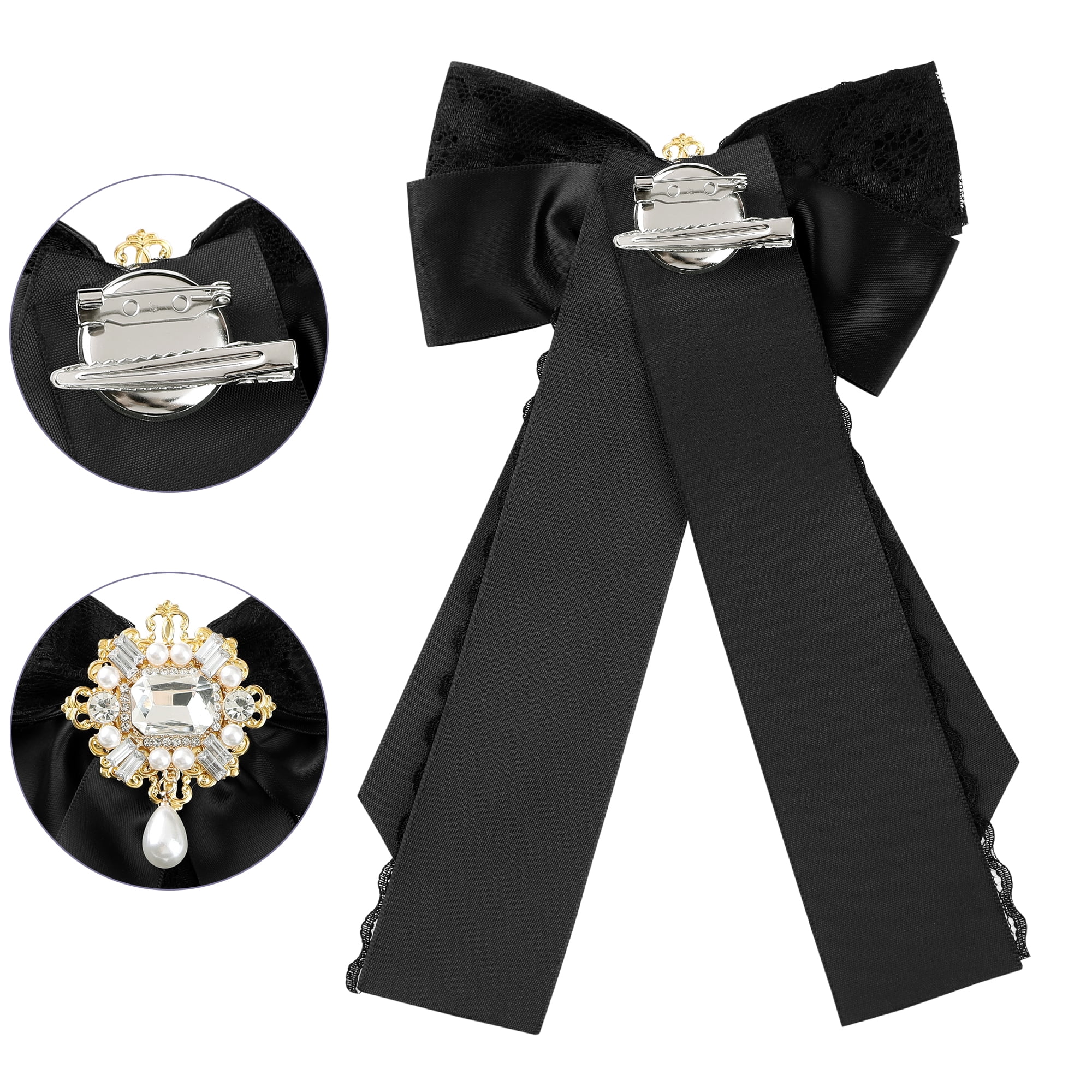 DARING DIVA Women's Black Lace Trimmed Ribbon Pre-tied Bow Tie Black
